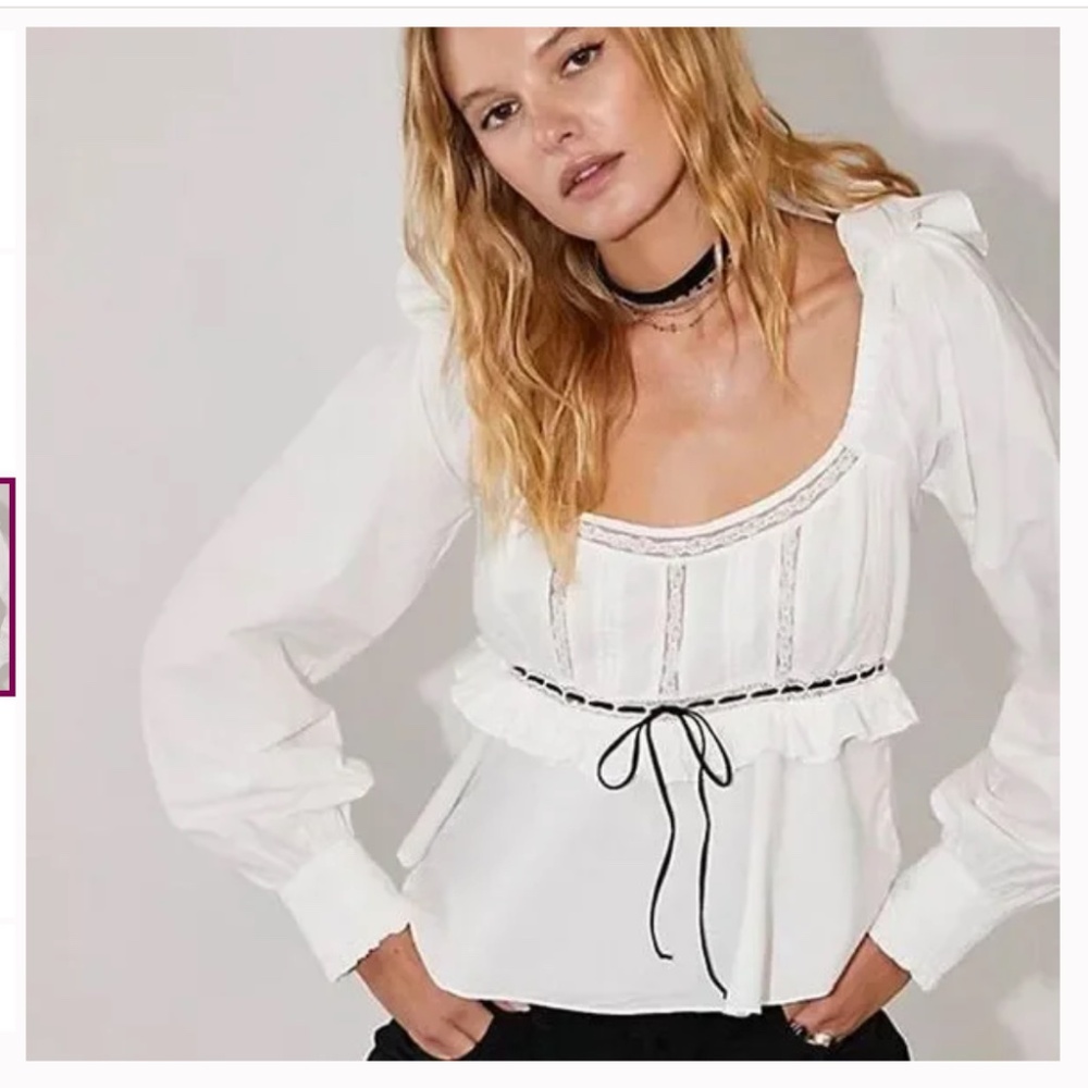 Free People White Cathleen Blouse with Black Trim